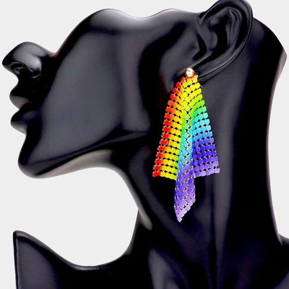 Gold & Rainbow MultiColored Mesh Chain Drop Statement Earrings - Picture 1 of 2